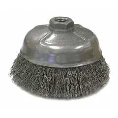 This light-cleaning brush from WEILER is designed for surface preparation and deburring on carbon steel. It features a 5 in diameter with 0.014 in fill diameter crimped steel wire bristles and connects via a 5/8"-11 arbor hole. Typical applications include removing rust, cleaning welds, and general maintenance in fabrication and industrial settings.