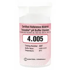 Liquid pH buffer solution with a certified value of 4.005 pH. Supplied in a 100 mL plastic bottle. ACS grade. Used for calibration of pH meters and electrodes in laboratory and field applications.