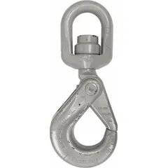 Alloy steel self-locking hook with swivel and plain finish. Hook Grade 100, working load limit 18,000 lb. Features visual indicator markings for deformation and max angle. Suitable for lifting and rigging applications requiring secure load engagement.