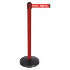 Red metal alloy post with a white ABS retractable belt measuring 10 ft long by 2 in wide. Belt printed with red 'Danger Keep Out' message. Used to cordon off hazardous or restricted areas in industrial facilities, warehouses, and public spaces.