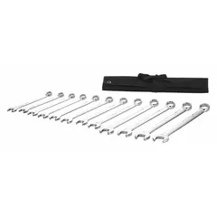 This 12-piece metric combination wrench set features a chrome finish and includes sizes from 20 mm to 32 mm. Each wrench has a 12-point box end for secure grip on hex fasteners and an open end for quick positioning. Suitable for tightening and loosening metric nuts and bolts in automotive, machinery, and industrial applications.