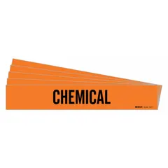 Orange adhesive pipe marker with black legend text reading 'Chemical'. Fits pipe outer diameters from 2-1/2 to 7-7/8 inches. Sold in a 5-pack without directional arrows. Used to identify chemical piping in industrial facilities for safety and maintenance.