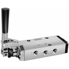 Four-way, three-position lever-operated spool valve with detent mechanism and closed center. Aluminum body with 3/8 in female NPT ports. Used in pneumatic systems to direct compressed air to actuators, cylinders, or tools in industrial automation, packaging, and material handling applications.