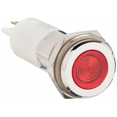 This LED indicator pilot light provides a red visual signal for industrial control panels and machinery. It features a flush head design for low-profile mounting in a 12 mm panel hole. Electrical connection is via a 0.11 male quick disconnect terminal.