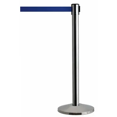 QUEUEWAY Barrier Post with Belt: Blue, No Pattern, No Legend, 7 1/2 ft Belt Lg - Solid-Color Retractable Belt Post Barriers
