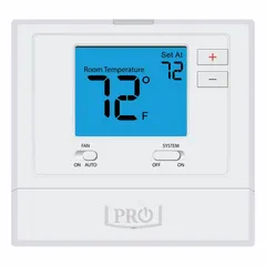 Square push-button digital thermostat for heat or cool applications. Operates on 18V AC with manual changeover and Cool-Heat-Off system settings. Features Auto-On fan, easy-access battery compartment, temperature control range 25° to 99°F, and adjustable differential 0.2°F to 2°F. Terminal designations Y/W.
