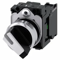 Panel-mount illuminated selector switch from the Siemens 3SU1150 series. Features a short-handled plastic knob with maintained/maintained action and two positions (Off/On). Rated AC 10 A at 500 V and DC 5 A at 500 V. Suitable for manual control in industrial control panels and machinery.