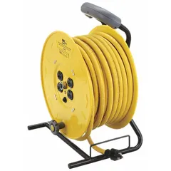 Hand-winding cord reel with 100 ft of 12 AWG SO cord. Feeder end is NEMA 5-15P; retractable end is NEMA 5-20R. Rated 125V AC, 10 A. Used to extend power reach in workshops, warehouses, and maintenance areas, reducing trip hazards and cord wear.