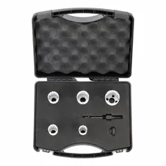 This 7-piece hole saw kit is designed for cutting through wood, metal, and plastic. The bi-metal construction with 4/6 teeth per inch provides efficient cutting across various materials. Each saw has a maximum cutting depth of 1-1/2 inches, suitable for creating clean openings in electrical, plumbing, and HVAC applications.