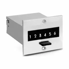 This electromechanical counter from TRUMETER features an analog display and a black housing. Designed for front panel mounting, it is used in industrial control panels for counting cycles, events, or production quantities in manufacturing and process automation.