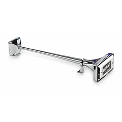 This WOLO air horn is a high-tone, air-powered trumpet horn with a chrome-plated silver finish. It is designed for use on trucks and includes rubber gaskets for installation. The horn operates on 12V DC and produces a maximum sound level of 130 dB, suitable for providing an audible warning signal in heavy-duty vehicle applications.