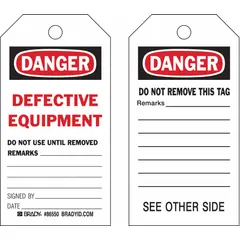 White lockout tagout tags with black/red text and cable tie fastener. Each tag includes fields for Remarks, Signed By, Date, and Danger/Do Not Remove This Tag Remarks. Used to communicate equipment status during maintenance and warn of defective or dangerous equipment. Supplied in a 10-pack.