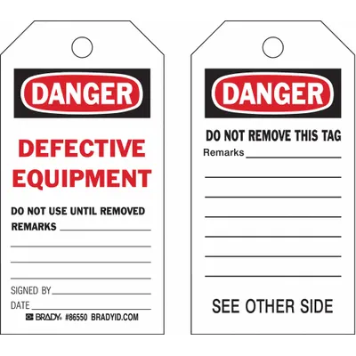 BRADY Danger Tags, Cable Tie, White, 10 Pack, Lockout Tagout - Danger/Defective Equipment Do Not Use Until Removed Remarks: Signed By: Date: / Danger/Do Not Remove This Tag Remarks: Tags