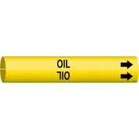 Yellow snap-on pipe marker with black 'Oil' legend and directional arrows. Fits pipe outer diameters of 4 to 6 inches. Used to identify pipes carrying oil and indicate flow direction in industrial piping systems