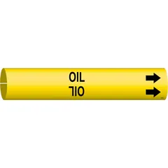 Yellow snap-on pipe marker with black 'Oil' legend and directional arrows. Fits pipe outer diameters of 4 to 6 inches. Used to identify pipes carrying oil and indicate flow direction in industrial piping systems.