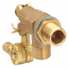 Brass angle float valve body with 3/4" MNPT male inlet and outlet connections. Bulkhead mounting with adjustable arm and 1/4"-20 rod thread. For water media, flow rate 40 gpm at 85 psi. Supplied without float and rod. Used in tanks, reservoirs, and process vessels for automatic level control.