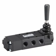 Four-way, three-position, lever-actuated spool valve with spring return. Aluminum body with 1/4 in Female NPT ports. Closed-center configuration blocks all ports in center position. Used for manual directional control of compressed air in pneumatic systems.