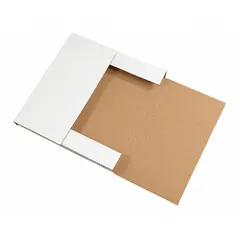 Corrugated cardboard mailer with single-wall construction and ECT-32-B board test. Inside dimensions: 10-1/4 in length, 10-1/4 in width, 1 in height. Kraft color. Easy-Fold closure. Pack of 50. Suitable for shipping flat items such as documents, photos, or small parts.