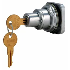 Panel-mounted key switch without contacts, part of Series Class 52. Features a 2-position maintained/maintained switch action with key removal in the left position. Designed for 30 mm panel mounting. Used as a control device for selecting operating modes in industrial machinery and equipment.