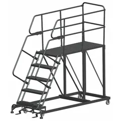 This rolling single-access platform provides a stable elevated work surface for maintenance, assembly, and warehousing tasks. Constructed of steel with a gray finish, it features a fixed platform height, handrails, and a foot-activated step lock for secure positioning. The non-foldable unit supports up to 800 lb and rolls on casters for mobility.