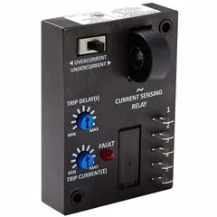 Surface-mounted relay from the CAH Series for monitoring undercurrent conditions. Features an adjustable trip point from 2 to 20 A, 10 A current rating, and 120V AC operation. Electrical connection via quick disconnect. Suitable for panel installations in industrial control applications.