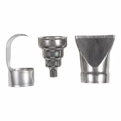 Nozzle kit for directing and shaping hot air from compatible heat guns. Includes concentrator, flat, and reflector nozzles for tasks such as shrink-wrapping, paint stripping, and bending plastics.