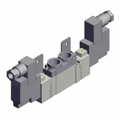 Double solenoid, five-way/two-position directional control valve with five ports. Operates on 24V DC with 1/4 in NPT connections. Features a DIN solenoid connector, internal pilot, and non-locking design. Used for switching airflow in pneumatic systems in automated manufacturing, packaging, and material handling applications.