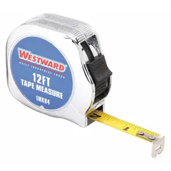 This 12 ft SAE inch tape measure features 1/32 in graduations for the first 12 inches and a manual lock. The nonmagnetic single hook tip is suited for measuring distances without interference from metal surfaces. The silver chromed plastic case provides a durable housing for general measuring tasks.