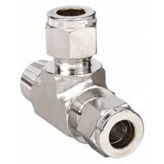 This double-ferrule stainless steel tee fitting connects three tubes or pipes in instrumentation, hydraulic, and pneumatic systems. It is compatible with Parker A-LOK brands and is commonly used in chemical processing, oil and gas, and industrial fluid handling where leak-tight, vibration-resistant joints are required.