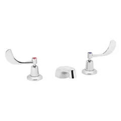 Widespread handle bathroom faucet with low arc design. Constructed of brass with chrome finish. Includes rigid copper tee connection. Flow rate of 0.5 gpm. Suitable for residential or commercial lavatory sinks.