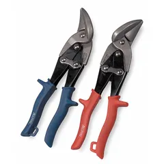 This offset aviation snip set includes left- and right-cutting snips for cutting sheet metal. Each snip has a steel blade with a 1-1/4 in cutting length and plastic handles, with an overall length of 9-3/4 in. The offset design provides improved access in tight spaces, and the left and right configurations allow straight and curved cuts without binding.