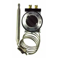 Electric thermostat for cooking equipment with a dial range of 200 to 400°F. Features a 36-inch capillary for remote sensing. Operates on 250V AC. Suitable for ovens, fryers, and griddles requiring precise temperature control.