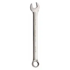 This SAE 12-point combination wrench features a satin finish and offset design for improved access in confined spaces. The 2 3/8 in head size and 27 1/4 in overall length provide leverage for tightening and loosening fasteners in industrial maintenance, automotive repair, and mechanical assembly.