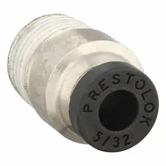 Nickel-plated brass tube fitting with Push-to-Connect x MNPTF configuration. Accepts 5/32 in OD tubing and 1/8 in pipe size. Silver finish. Used for connecting tubing to male pipe threads in pneumatic or fluid systems.