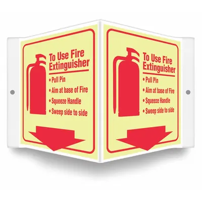 CONDOR Safety Sign: PETG, Mounting Holes Sign Mounting, 6 in x 8 1/2 in Nominal Sign Size - V-Shape Projection To Use Fire Extinguisher -Pull Pin -Aim At Base Of Fire -Squeeze Handle -Sweep Side To Side Signs