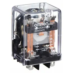 This OMRON MJN Series relay is a plug-in, socket-mounted device with a square base and flat pins for quick-connect wiring. It features a DPDT contact configuration rated at 10 A and operates on 12V DC. Suitable for general-purpose switching in industrial control panels, HVAC systems, and automation equipment.