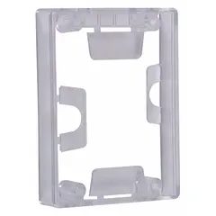 Clear polycarbonate spacer used to provide offset clearance when mounting thermostat protector covers on walls. Suitable for use with alarm and wall fixture covers in commercial or industrial settings.