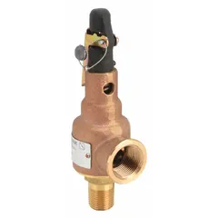 This pressure relief valve is designed for overpressure protection in air, inert gas, and liquid systems. It features a bronze body with 1/2 in MNPT inlet and 3/4 in FNPT outlet, and a maximum operating pressure of 314 psi. Certified to ASME Section VIII & XIII standards.