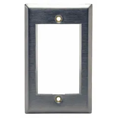 This 1-gang flat modular keystone wall plate frame is constructed from stainless steel with a silver finish. It is designed for horizontal keystone module installation in structured cabling applications, providing a clean mounting solution for network jacks and connectors.