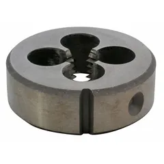 Solid die with 7/16-20NF thread size and 1-1/2" outer diameter. Designed for use with Westward power tool models 1PZ33, 1PZ35, and 1PZ38. Used for cutting or repairing external threads on metal rods or bolts in maintenance and fabrication tasks.