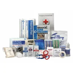 Bulk unitized first aid refill or kit serving 25 people, compliant with ANSI/ISEA Z308.1-2015 Type I/II standards for industrial settings. Includes 5 knuckle bandages, tape, eyewash, and 12 aspirins. Latex free.