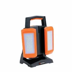 LED floor stand light with two adjustable lamp heads and four brightness levels. Delivers up to 4,500 lumens for task lighting in construction, maintenance, and industrial work areas. Powered by Lithium Ion battery. Black/Orange finish.