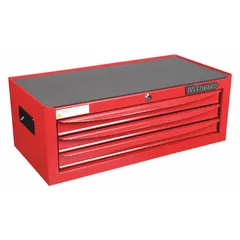 Light-duty intermediate chest with three drawers for organizing tools and small parts. Overall width 26 3/8 inches, overall depth 12 1/2 inches. Suitable for benchtop or mobile cart use in workshops and maintenance areas.
