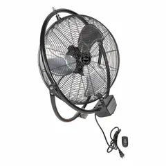 This HUNTER wall-mount fan features a 20-inch blade diameter, 1/4 hp motor, and operates on 120V AC. It offers three speeds and oscillating airflow, suitable for air circulation in workshops, warehouses, factories, and commercial facilities.