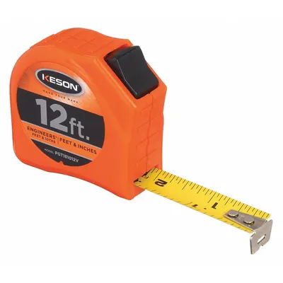 KESON Tape Measure: Nonmagnetic Single Hook Tip, 12 ft, Plastic - Engineers-Scale Tape Measures