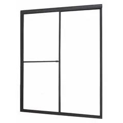Double-sliding shower door with clear tempered glass and an Oil Rubbed Bronze frame. Fits openings with a minimum width of 44 inches and a maximum width of 48 inches, overall height 70 inches. Designed for residential bathroom enclosures.