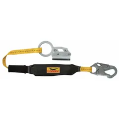 This CONDOR rope grab is a steel, manual fall-protection component designed for use with a vertical polyester rope lifeline. It features an O-ring attachment point and an integrated shock-absorbing lanyard to reduce arrest forces during a fall. The unit is black and includes the lanyard.