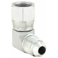Steel hydraulic hose adapter with 5/16 in JIC female swivel to 5/16 in JIC male connection, 90° elbow configuration. Used to connect hydraulic lines in fluid power systems, allowing flexible routing in confined spaces.