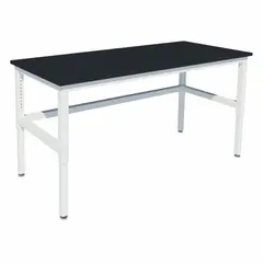 This adjustable-height lab table features a phenolic countertop in Petal White with a height range of 30 to 36 inches. Overall dimensions are 30 inches wide, 6 feet long, and 36 inches high. Suitable for laboratory and industrial workstations where chemical and moisture resistance is required.