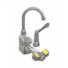 Counter-mount single-lever faucet with integrated eyewash, providing eye coverage without a bowl. Activated by swinging left. Suitable for point-of-use eye irrigation in industrial settings where immediate eye flushing is required.
